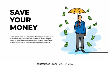 Vector illustration of man holding umbrella standing under raining money. Modern flat in continuous line style.