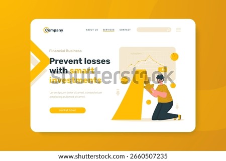 Vector illustration of a man holds the arrow down. Prevent investment loses. Financial business for web page. Smart investment for header on landing page template.