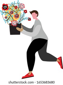 vector illustration. Man holds flowers in his hands. Congratulatory festive background for screensaver, background, page decoration, website and postcard design.