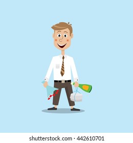 vector illustration, man holds in one hand a bouquet of flowers, in the other a bottle of champagne