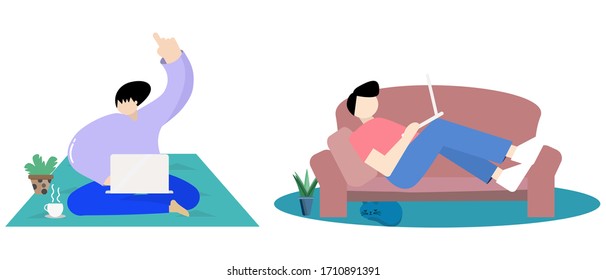 vector illustration of a man at home.set man with laptop working at home ,During the outbreak of the corona virus (Covid-19),Do not go out of the house.