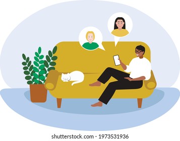 vector illustration of a man at home on the couch with a cat chatting with friends. Social media chats