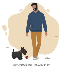 Vector illustration of a man in a hoodie smiling warmly while standing beside a Scottish Terrier. The dog is engaged with a ball, showing enthusiasm and readiness to play.
