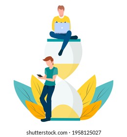 Vector illustration of a man and an hourglass. Time is money. Freelance
