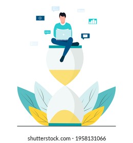 Vector illustration of a man and an hourglass. Time is money. Freelance