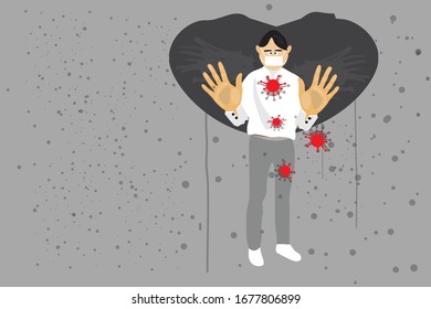 Vector illustration, a man in the house and using his hands to wipe the glass to see the red germs outside the house window