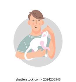 Imagen vectorial de un hombre abrazando a su mascota. Amante del gato. El gato frunce a una persona, recibe cuidado y ternura.