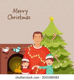 Vektorgrafik des Menschen, der seine Kinder mit dekorativem Weihnachtsbaum und Kamin auf beigem Ziegelmauerhintergrund umarmt hat, zu frohen Weihnachten.