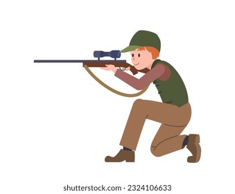 Ilustración vectorial del hombre, el cazador se inclinó sobre la rodilla apuntando a un arma, rifle aislado en fondo blanco. Estilo de caricatura de equipo de caza, elemento de turismo de municiones.