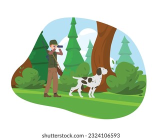 Ilustración vectorial del hombre, cazador con un arma de pie y mirando a través de binoculares en camuflaje, cazando con un perro en el bosque, vida silvestre aislada en fondo blanco.