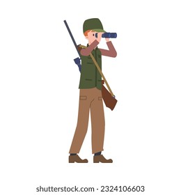 Ilustración vectorial del hombre, cazador con arma de pie y mirando a través de binoculares aislados en fondo blanco. Gran estilo de caricatura para caza de caza, carteles furtivos y diseño de afiches.