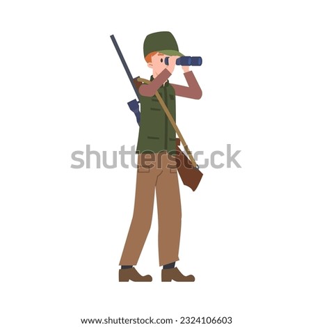 Vector illustration of man, hunter with gun standing and looking through binoculars isolated on white background. Great cartoon style for hunting game, poaching banners and posters design.