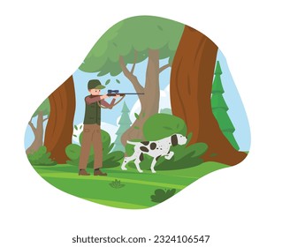Vektorgrafik des Menschen, Jäger, der auf eine Waffe zielt, Gewehre in Tarnung, Jagd mit einem Hund im Wald, Tier- und Pflanzenwelt einzeln auf weißem Hintergrund.