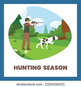 Ilustración vectorial del hombre, cazador de pie apuntando a un arma, rifle, cazando con perro en la fauna silvestre del bosque aislado de fondo blanco. Gran afiche de dibujos animados, banner para la temporada de caza, concepto de club.
