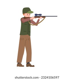 Ilustración vectorial del hombre, cazador de pie apuntando a una pistola, rifle en camuflaje aislado en fondo blanco. Estilo de caricatura minimalista de equipo de caza, elemento de turismo de municiones.