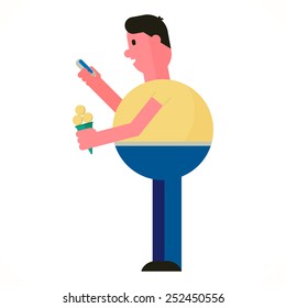 Vector illustration of a man with ice cream and mobile phone. Flat design style.