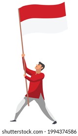 Vector illustration of man with Indonesian Flag to celebration the 76th independence day on August 17. A patriot is waving the flag