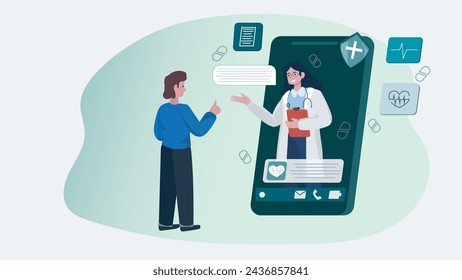 Vector Illustration of a man interacting with a female doctor through a smartphone medical app. Online healthcare consultation, modern telemedicine concept.