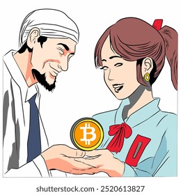 Vektorgrafik eines Mannes, der einem Kunden Bitcoin vorstellt