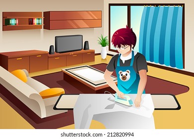 A vector illustration of man ironing clothes at home