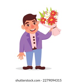 Vector illustration of a man in a jacket holding a beautiful bouquet of flowers.