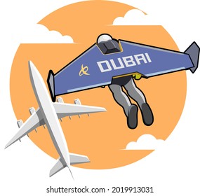 Vector illustration of a man with jet pack along with aeroplain, new invention.