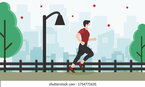 Vector illustration of man jogging in city park, with black fence, trees, Garden light. New normal lifestyle concept with people still wearing medical masks after pandemic Covid-19