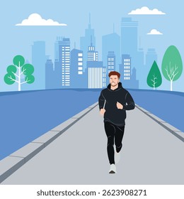 Vector illustration of a man jogging on a pathway in a city park with skyscrapers and trees in the background.