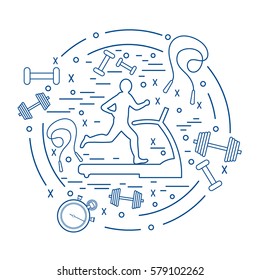 Vector illustration of the man jogging on a treadmill and different kinds of sports equipment arranged in a circle. Including icons of skipping rope, stopwatch, dumbbells and other.