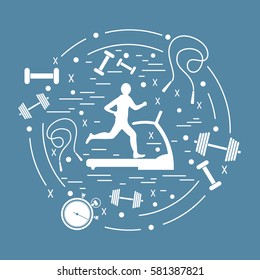 Vector illustration of the man jogging on a treadmill and different kinds of sports equipment arranged in a circle. Including icons of skipping rope, stopwatch, dumbbells and other.