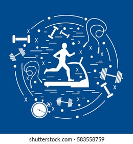 Vector illustration of the man jogging on a treadmill and different kinds of sports equipment arranged in a circle. Including icons of skipping rope, stopwatch, dumbbells and other.