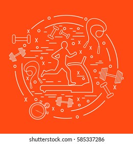 Vector illustration of the man jogging on a treadmill and different kinds of sports equipment arranged in a circle. Including icons of skipping rope, stopwatch, dumbbells and other.