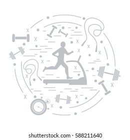 Vector illustration of the man jogging on a treadmill and different kinds of sports equipment arranged in a circle. Including icons of skipping rope, stopwatch, dumbbells and other.