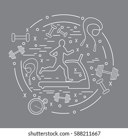 Vector illustration of the man jogging on a treadmill and different kinds of sports equipment arranged in a circle. Including icons of skipping rope, stopwatch, dumbbells and other.