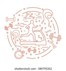 Vector illustration of the man jogging on a treadmill and different kinds of sports equipment arranged in a circle. Including icons of skipping rope, stopwatch, dumbbells and other.