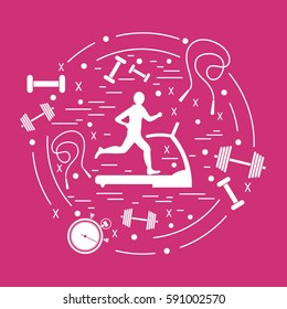 Vector illustration of the man jogging on a treadmill and different kinds of sports equipment arranged in a circle. Including icons of skipping rope, stopwatch, dumbbells and other.