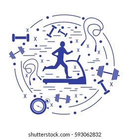 Vector illustration of the man jogging on a treadmill and different kinds of sports equipment arranged in a circle. Including icons of skipping rope, stopwatch, dumbbells and other.