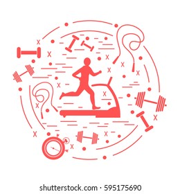 Vector illustration of the man jogging on a treadmill and different kinds of sports equipment arranged in a circle. Including icons of skipping rope, stopwatch, dumbbells and other.