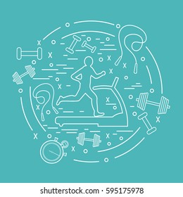 Vector illustration of the man jogging on a treadmill and different kinds of sports equipment arranged in a circle. Including icons of skipping rope, stopwatch, dumbbells and other.