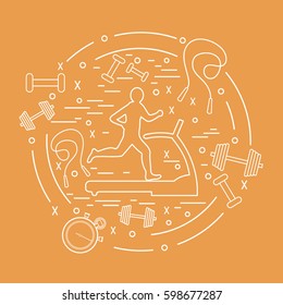 Vector illustration of the man jogging on a treadmill and different kinds of sports equipment arranged in a circle. Including icons of skipping rope, stopwatch, dumbbells and other.