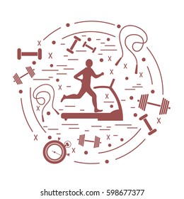 Vector illustration of the man jogging on a treadmill and different kinds of sports equipment arranged in a circle. Including icons of skipping rope, stopwatch, dumbbells and other.