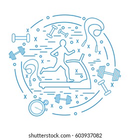 Vector illustration of the man jogging on a treadmill and different kinds of sports equipment arranged in a circle. Including icons of skipping rope, stopwatch, dumbbells and other.