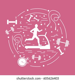 Vector illustration of the man jogging on a treadmill and different kinds of sports equipment arranged in a circle. Including icons of skipping rope, stopwatch, dumbbells and other.