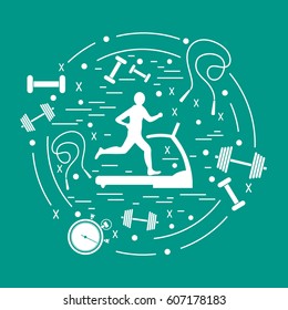 Vector illustration of the man jogging on a treadmill and different kinds of sports equipment arranged in a circle. Including icons of skipping rope, stopwatch, dumbbells and other.