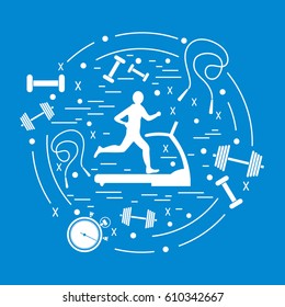 Vector illustration of the man jogging on a treadmill and different kinds of sports equipment arranged in a circle. Including icons of skipping rope, stopwatch, dumbbells and other.