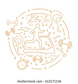 Vector illustration of the man jogging on a treadmill and different kinds of sports equipment arranged in a circle. Including icons of skipping rope, stopwatch, dumbbells and other.