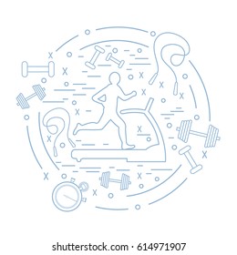 Vector illustration of the man jogging on a treadmill and different kinds of sports equipment arranged in a circle. Including icons of skipping rope, stopwatch, dumbbells and other.