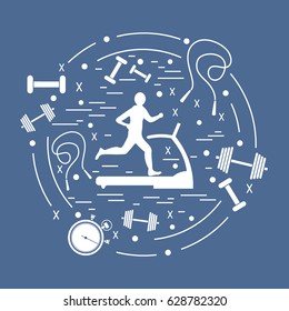 Vector illustration of the man jogging on a treadmill and different kinds of sports equipment arranged in a circle. Including icons of skipping rope, stopwatch, dumbbells and other.