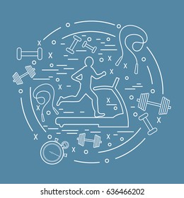 Vector illustration of the man jogging on a treadmill and different kinds of sports equipment arranged in a circle. Including icons of skipping rope, stopwatch, dumbbells and other.