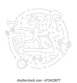 Vector illustration of the man jogging on a treadmill and different kinds of sports equipment arranged in a circle. Including icons of skipping rope, stopwatch, dumbbells and other.